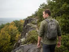 Hiking Places in Connecticut Sorted by Your Day Hiker on the traprock ridge trail at Talcott Mountain, one of the best hiking places in Connecticut.