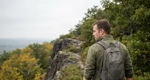 Hiking Places in Connecticut Sorted by Your Day Hiker on the traprock ridge trail at Talcott Mountain, one of the best hiking places in Connecticut.