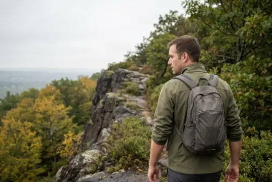 Hiking Places in Connecticut Sorted by Your Day Hiker on the traprock ridge trail at Talcott Mountain, one of the best hiking places in Connecticut.