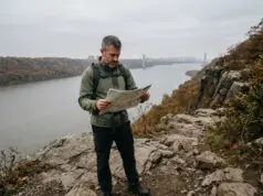 Palisades Interstate Park Trails Build Your Own Loop Hiker checking a trail map on the Long Path above the Hudson in Palisades Interstate Park