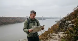 Palisades Interstate Park Trails Build Your Own Loop Hiker checking a trail map on the Long Path above the Hudson in Palisades Interstate Park
