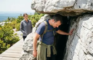 7 Things to Know Before Sam’s Point Ice Cave Hikers entering a narrow rock crevice at the Sam's Point Ice Cave in the Shawangunk Mountains, New York