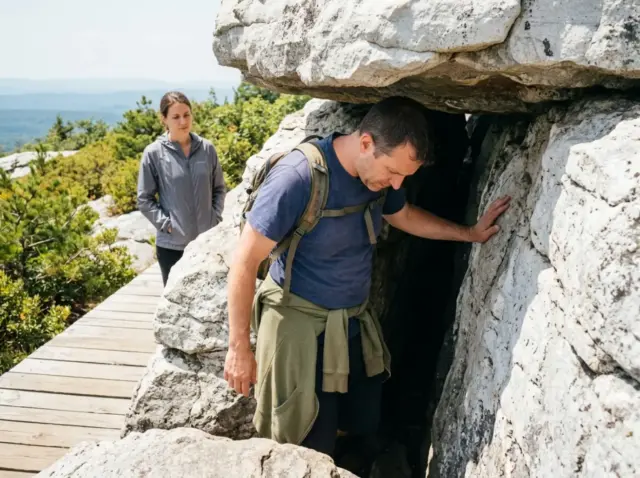 0-sams-point-ice-cave-crevice-entrance Hikers entering a narrow rock crevice at the Sam's Point Ice Cave in the Shawangunk Mountains, New York