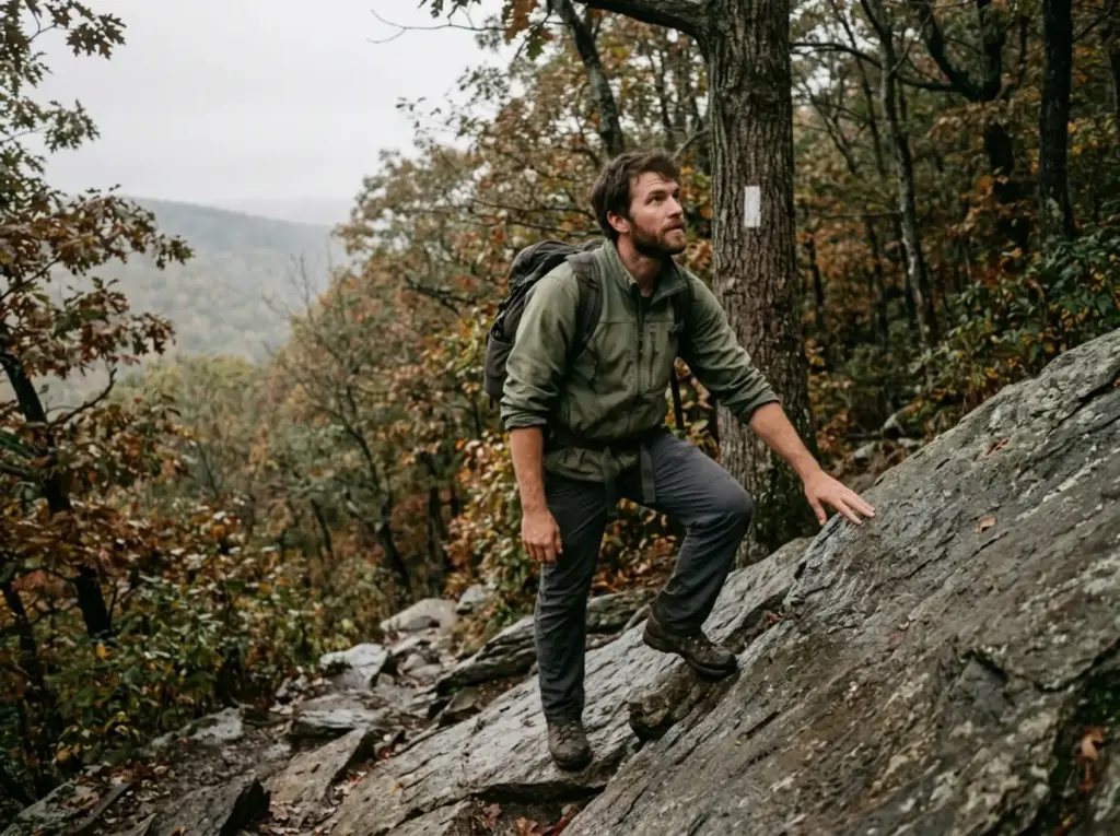 Hiker pausing on the rock slab climb of the Stairway to Heaven hike in New Jersey