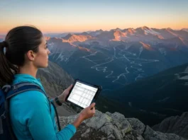 A data-driven hiker analyzes a trail comparison table on a tablet while overlooking a vast mountain range at sunrise.