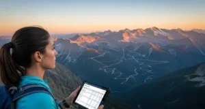The Data-Driven Hiker: Decoding Trail Comparison Tables A data-driven hiker analyzes a trail comparison table on a tablet while overlooking a vast mountain range at sunrise.