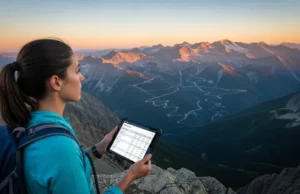 The Data-Driven Hiker: Decoding Trail Comparison Tables A data-driven hiker analyzes a trail comparison table on a tablet while overlooking a vast mountain range at sunrise.