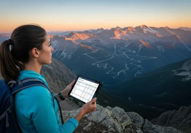 A data-driven hiker analyzes a trail comparison table on a tablet while overlooking a vast mountain range at sunrise.