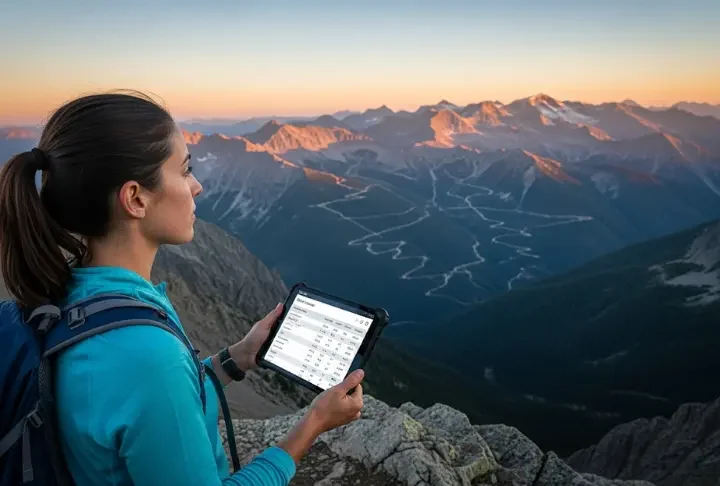 A data-driven hiker analyzes a trail comparison table on a tablet while overlooking a vast mountain range at sunrise.