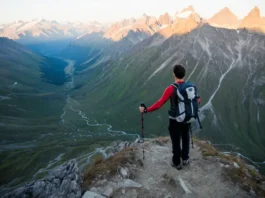 A hiker with a backpack stands on a mountain pass at sunset, looking out over a vast range of epic European mountains, representing the best trekking in Europe.