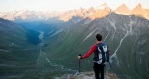 Epic Trekking in Europe: Best Multi-Day Itineraries A hiker with a backpack stands on a mountain pass at sunset, looking out over a vast range of epic European mountains, representing the best trekking in Europe.
