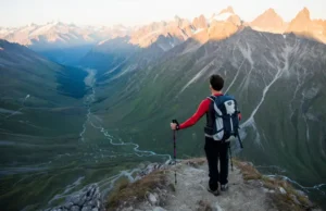 Epic Trekking in Europe: Best Multi-Day Itineraries A hiker with a backpack stands on a mountain pass at sunset, looking out over a vast range of epic European mountains, representing the best trekking in Europe.
