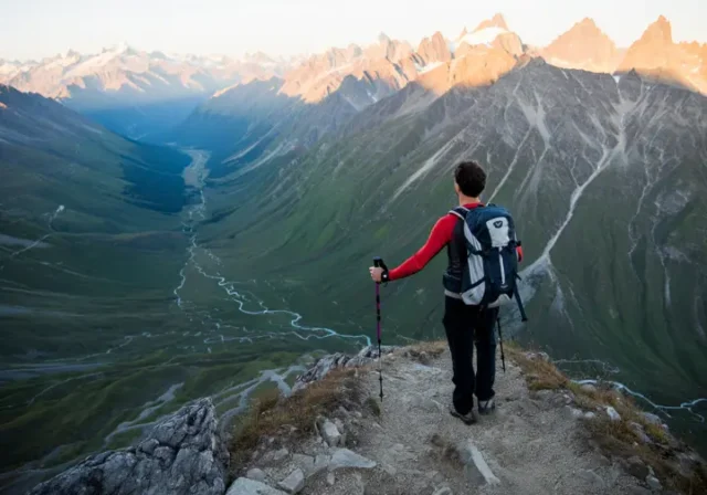 A hiker with a backpack stands on a mountain pass at sunset, looking out over a vast range of epic European mountains, representing the best trekking in Europe.
