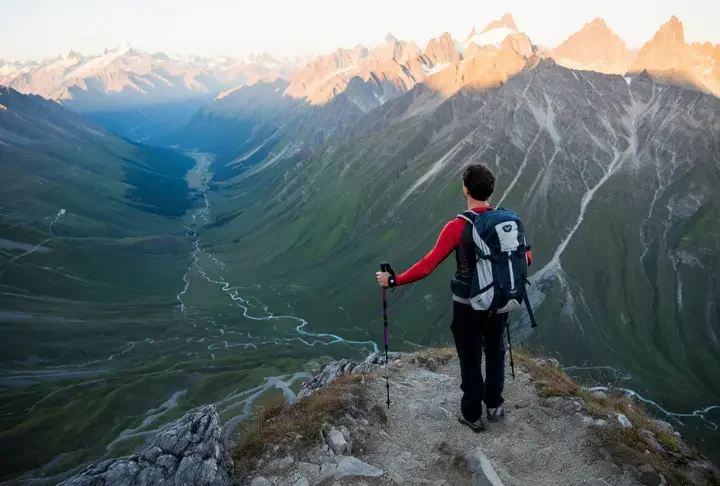 A hiker with a backpack stands on a mountain pass at sunset, looking out over a vast range of epic European mountains, representing the best trekking in Europe.