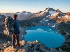 Garibaldi Advanced Planning: A Multi-Day Trip Guide A hiker gazes at the stunning turquoise Garibaldi Lake from the summit of Panorama Ridge at sunrise, the successful result of advanced multi-day trip planning.