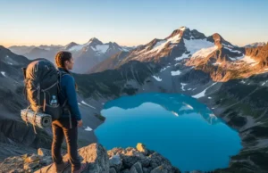 Garibaldi Advanced Planning: A Multi-Day Trip Guide A hiker gazes at the stunning turquoise Garibaldi Lake from the summit of Panorama Ridge at sunrise, the successful result of advanced multi-day trip planning.