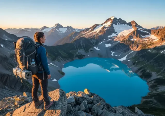 A hiker gazes at the stunning turquoise Garibaldi Lake from the summit of Panorama Ridge at sunrise, the successful result of advanced multi-day trip planning.