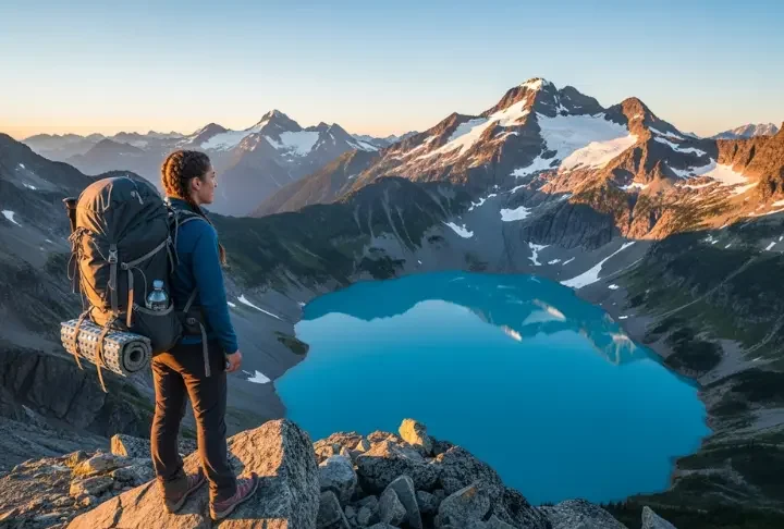 A hiker gazes at the stunning turquoise Garibaldi Lake from the summit of Panorama Ridge at sunrise, the successful result of advanced multi-day trip planning.
