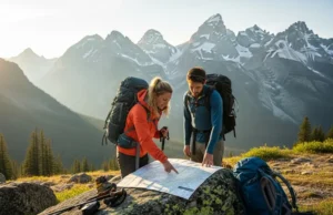 Vet Your Guide: A Step-by-Step Verification Process A professional mountain guide and a hiker review a map together at a trailhead, preparing for a climb with a massive mountain range in the background.