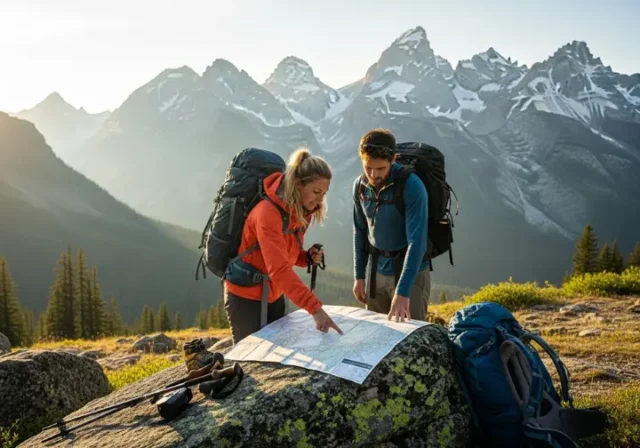 A professional mountain guide and a hiker review a map together at a trailhead, preparing for a climb with a massive mountain range in the background.