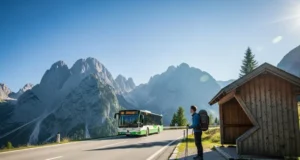The Definitive Guide: Hiking Europe’s Parks Car-Free A prepared hiker with a backpack waits at a bus stop on a scenic mountain road in the European Alps, as a local bus arrives to begin a car-free day of hiking.