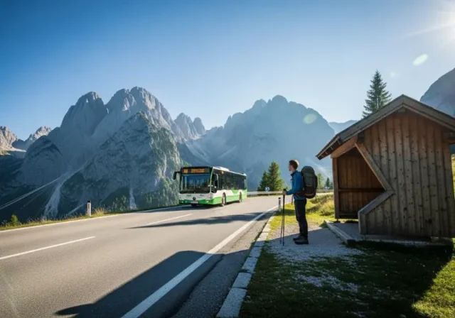 A prepared hiker with a backpack waits at a bus stop on a scenic mountain road in the European Alps, as a local bus arrives to begin a car-free day of hiking.