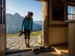 A hiker stands at the entrance of an Alpine mountain hut, holding a muddy boot, about to step inside, demonstrating the foundational principle of hut etiquette.