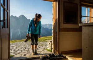 The Hiker’s Code: Hut Etiquette from Alps to Japan A hiker stands at the entrance of an Alpine mountain hut, holding a muddy boot, about to step inside, demonstrating the foundational principle of hut etiquette.