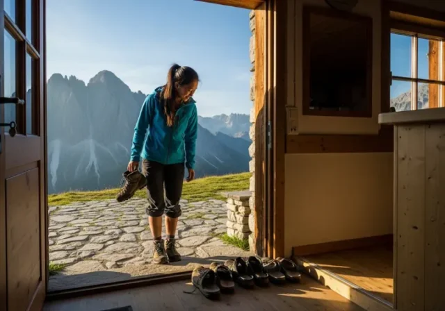 A hiker stands at the entrance of an Alpine mountain hut, holding a muddy boot, about to step inside, demonstrating the foundational principle of hut etiquette.