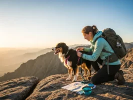 A hiker and her leashed Australian Shepherd on a scenic mountain overlook at golden hour, demonstrating the system of gear and safety for hiking with a dog.