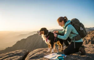 Hiking With Your Dog: A System for Gear, Safety & Rules A hiker and her leashed Australian Shepherd on a scenic mountain overlook at golden hour, demonstrating the system of gear and safety for hiking with a dog.