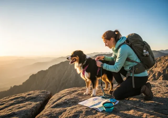 A hiker and her leashed Australian Shepherd on a scenic mountain overlook at golden hour, demonstrating the system of gear and safety for hiking with a dog.