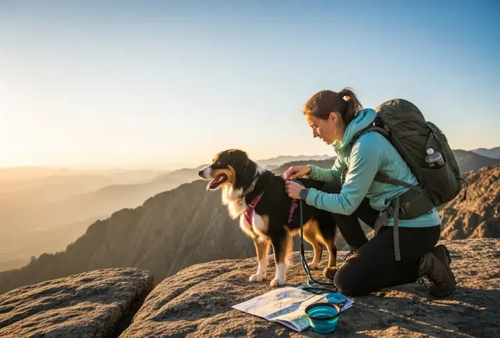 A hiker and her leashed Australian Shepherd on a scenic mountain overlook at golden hour, demonstrating the system of gear and safety for hiking with a dog.