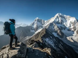 A female hiker stands on a high mountain ridge, looking out over a vast range of peaks, illustrating the concept of a hiker's field guide to the science of altitude sickness.