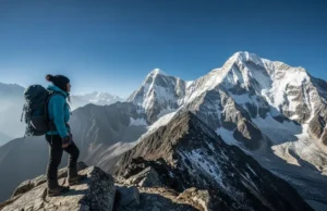The Science of Altitude Sickness: A Hiker’s Field Guide A female hiker stands on a high mountain ridge, looking out over a vast range of peaks, illustrating the concept of a hiker's field guide to the science of altitude sickness.