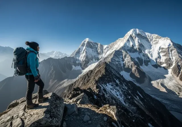 A female hiker stands on a high mountain ridge, looking out over a vast range of peaks, illustrating the concept of a hiker's field guide to the science of altitude sickness.
