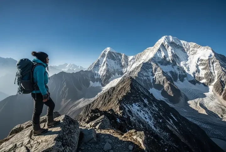 A female hiker stands on a high mountain ridge, looking out over a vast range of peaks, illustrating the concept of a hiker's field guide to the science of altitude sickness.