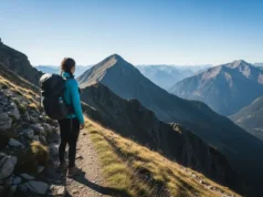 Reframe Frustration: A Hiker’s Guide to Trail Psychology A hiker pauses on a steep mountain trail, looking out over a vast valley with a calm, determined expression, illustrating the concept of trail psychology and reframing frustration.