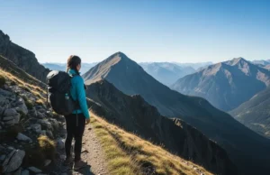 Reframe Frustration: A Hiker’s Guide to Trail Psychology A hiker pauses on a steep mountain trail, looking out over a vast valley with a calm, determined expression, illustrating the concept of trail psychology and reframing frustration.