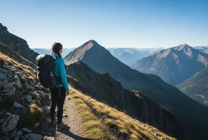 A hiker pauses on a steep mountain trail, looking out over a vast valley with a calm, determined expression, illustrating the concept of trail psychology and reframing frustration.