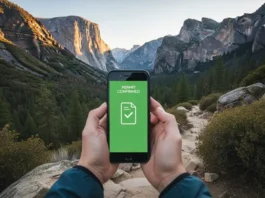 A hiker holds a smartphone showing a confirmed park permit, with a beautiful and empty national park trail visible in the background at sunrise.