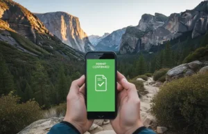 Park Permits & Crowd Strategy: The Hiker’s Guide A hiker holds a smartphone showing a confirmed park permit, with a beautiful and empty national park trail visible in the background at sunrise.