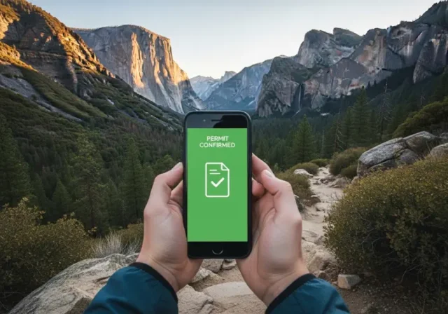 A hiker holds a smartphone showing a confirmed park permit, with a beautiful and empty national park trail visible in the background at sunrise.