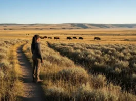 A hiker pauses on a trail in a vast national park valley at sunset, thoughtfully observing the ancestral landscape in an act of witness to its Indigenous history.