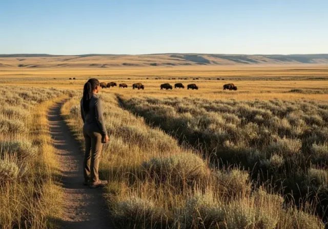 A hiker pauses on a trail in a vast national park valley at sunset, thoughtfully observing the ancestral landscape in an act of witness to its Indigenous history.