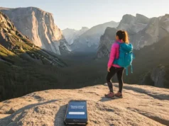 The Global Framework for National Park Bookings A hiker stands at a Yosemite Valley viewpoint at sunset, with a smartphone showing a confirmed reservation on a rock nearby, illustrating the global framework for national park bookings.