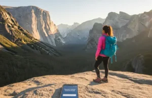 The Global Framework for National Park Bookings A hiker stands at a Yosemite Valley viewpoint at sunset, with a smartphone showing a confirmed reservation on a rock nearby, illustrating the global framework for national park bookings.