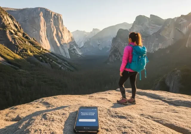 A hiker stands at a Yosemite Valley viewpoint at sunset, with a smartphone showing a confirmed reservation on a rock nearby, illustrating the global framework for national park bookings.
