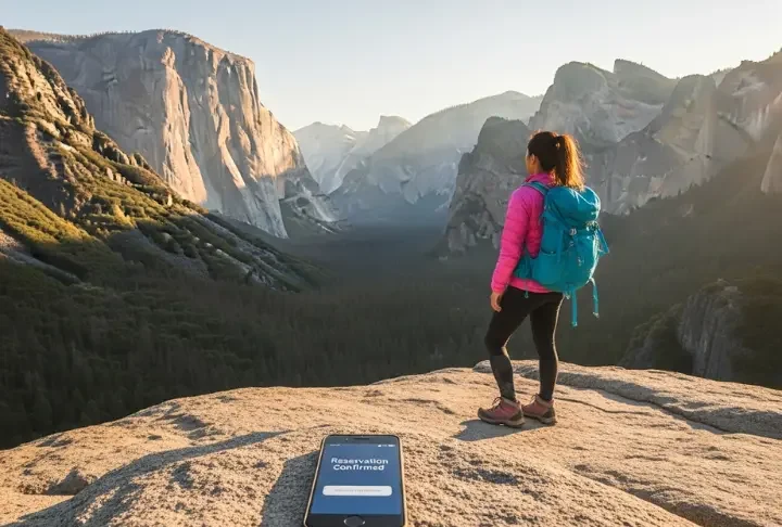 A hiker stands at a Yosemite Valley viewpoint at sunset, with a smartphone showing a confirmed reservation on a rock nearby, illustrating the global framework for national park bookings.