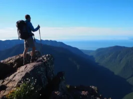 A dedicated hiker with a backpack and poles stands on a rugged mountain ridge looking out over the vast and challenging landscape of Olympic National Park.